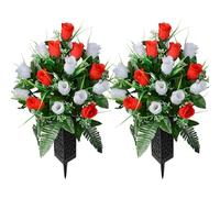 SIFOEL 2 pezzi fiori artificiali del cimitero con il vaso, fiori artificiali della tomba della rosa per la decorazione della lapide del cimitero (Red&White-24T)