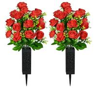 SIFOEL 2 pezzi fiori artificiali del cimitero con il vaso, fiori artificiali della tomba della rosa per la decorazione della lapide del cimitero (Red)