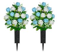SIFOEL 2 pezzi fiori artificiali del cimitero con il vaso, fiori artificiali della tomba della rosa per la decorazione della lapide del cimitero (Light Blue & White)