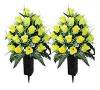 SIFOEL 2 pezzi fiori artificiali del cimitero con il vaso, fiori artificiali della tomba della rosa per la decorazione della lapide del cimitero (Yellow-24T)