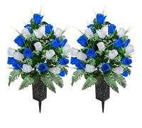 SIFOEL 2 pezzi fiori artificiali del cimitero con il vaso, fiori artificiali della tomba della rosa per la decorazione della lapide del cimitero (Dark Blue&White-24T)