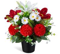 SIFOEL Fiori Artificiali da Cimitero in Vaso, Crisantemi Artificiali Giglio Margherita con Vaso, Fiori Commemorativi per Tomba per Cimitero Funerale Decorazione Esterna Lapide (1 pezzo, Bianco e Rosso