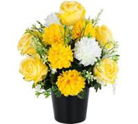 SIFOEL Fiori artificiali per cimitero, crisantemi e rose artificiali, decorazione commemorativa funebre in vaso, decorazione per tombe, per esterni e interni (1, giallo)
