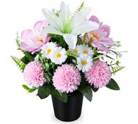 SIFOEL Fiori artificiali per cimitero in vaso, crisantmi artificiali con vaso, fiori commemorativi per tombe funerarie, decorazione per cimitero, funerale, esterno (1 pezzo, bianco e rosa)