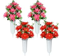 SIFOEL Fiori artificiali per cimitero, set di 4 fiori artificiali di dalia per tomba con vaso per la decorazione del cimitero, rosso