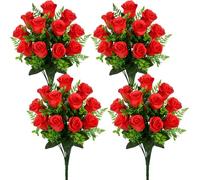 SIFOEL Fiori di rosa artificiali bouquet realistico seta rosa fiori finti per matrimonio casa centrotavola partito cimitero tomba decorazione (4, Rosso)
