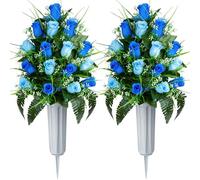SIFOEL Set di 2 fiori artificiali commemorativi per cimitero, bouquet di rose con vaso, per cimitero, cimitero, decorazione (azzurro e blu scuro)