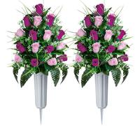 SIFOEL Set di 2 fiori artificiali commemorativi per cimitero, bouquet di rose con vaso, per cimitero, cimitero, decorazione (rosa e viola)