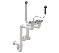 Sifone salvaspazio doppio connettore - Scolo per lavastoviglie - Set con attacco - Ø 115 mm - Scarico per 2 vasche con tappo automatico - Cromo - Granitano