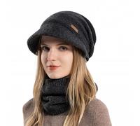 Siganorpy Berretto invernale da donna lavorato a maglia, elastico, morbido, con visiera, foderato in caldo pile, per clima freddo, fodera in pile 55-60 cm (set nero)