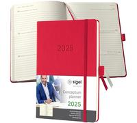 SIGEL C2564 Conceptum Agenda settimanale 2025, circa A5, rosso, copertina rigida, 2 pagine = 1 settimana, 192 pagine