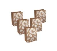 SIGEL GT131 - Sacchetto regalo piccolo - marrone/bianco - pigne e rami di abete - con inserto inferiore e manici in seta coordinati - plastica, cartone marrone, 18 x 23 x 10 cm, 5 pezzi