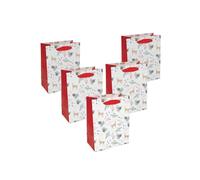 SIGEL GT133 - Sacchetto regalo piccolo - bianco/oro/rosso - rami di abete - con inserto inferiore e manici in seta coordinati - plastica, cartone bianco, 18 x 23 x 10 cm, 5 pezzi