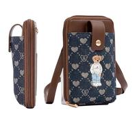 Signare London Borsa a tracolla da donna, con monogramma a forma di cuore in denim blu con orsacchiotto ricamato, mini porta cellulare e carte di credito con tasca frontale a scatto, scomparto con zip