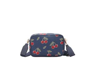Signare London Borsa a tracolla da donna per macchina fotografica, design con ciliegie blu, borsa a tracolla regolabile da donna, borsa compatta da viaggio e per tutti i giorni