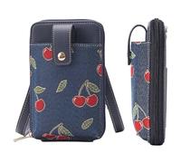 Signare London Borsa a tracolla per smartphone, da donna, con arazzo blu con disegno di ciliegie rosse e foglie verdi, mini borsa per telefono e carte di credito con tasca frontale a scatto, scomparto