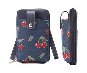Signare London Borsa a tracolla per smartphone, da donna, con arazzo blu con disegno di ciliegie rosse e foglie verdi, mini borsa per telefono e carte di credito con tasca frontale a scatto, scomparto
