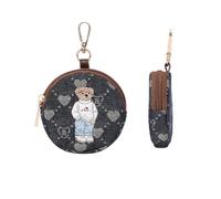 Signare London Portamonete rotondo - Monogramma blu a forma di cuore in denim con orsacchiotto ricamato | Portamonete da donna con cerniera con clip | Piccolo portamonete, ciondolo per borse e