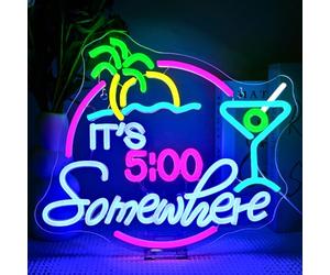 SIGNSHIP It's 5 o'clock Somewhere Neon Led Palme Scritte Neon per Bar,Festa | Tropical Bar Insegne Luminose USB 5 Livelli Dimmerabili Regalo per Proprietari Pub, Scritta Led per Feste Estive,Ristoranti