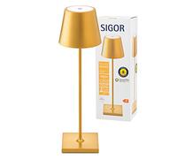 SIGOR Nuindie - Lampada da tavalo a batteria LED dimmerabile per interni ed esterni, altezza 38 cm, ricaricabile con Easy-Connect, durata luce 24 ore, Oro