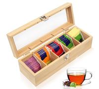 SiGuLiKeJi Scatola da Tè in Legno, Scatola Porta Te e Tisane con 5 Scomparti, Scatola Porta Tisane Bustine, Contenitore Porta Bustine The e Tisane, Porta The Bustine con Finestrella, 30 x 10 x 9 cm