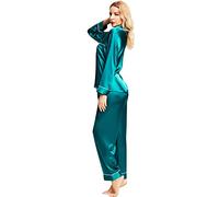 SIHA Pigiama Donna Biancheria da Notte 2 Pezzi Lusso Donne Classico Colore Puro Raso Seta Manica Lunga Top + Pantaloni Due Pezzi Pigiameria Donna in Raso di Seta, Verde, M