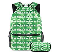 Sii l'invidia della tua classe con il nostro set di zaini e astucci alla moda, motivo geometrico triangolare verde, Multicolore, B:29.4x20x40cm P:19x7.5x3.8cm, Zaini Daypack
