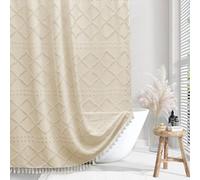 Siiluminisoy - Tenda da doccia extra lunga color panna/beige in stile bohémien/rustico, in tessuto intrecciato, 183 x 198 cm, motivo a zigzag e righe in rilievo, trapuntata, moderna e minimalista