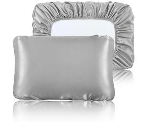 SiinvdaBZX Set di 2 federe in raso grigio argento standard/queen size, con fascia elastica da viaggio in raso, per capelli e pelle, morbide, portatili e adatte per vari cuscini