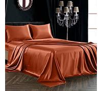 SiinvdaBZX Set di 4 lenzuola in raso king size ultra setose e morbide arancione autunnale lenzuola king in raso con tasca profonda, 1 lenzuolo con angoli, 1 lenzuolo piano, 2 federe con chiusura a