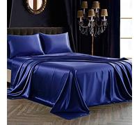 SiinvdaBZX Set di 4 lenzuola in raso per letto matrimoniale, ultra morbide e setose, blu navy, con tasca profonda, 1 lenzuolo con angoli, 1 lenzuolo piatto, 2 federe con chiusura a busta