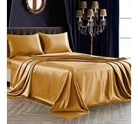 SiinvdaBZX - Set di 4 lenzuola in raso per letto queen size, ultra setoso, color oro, con tasca profonda, 1 lenzuolo con angoli, 1 lenzuolo piano, 2 federe