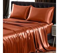 SiinvdaBZX Set di 4 lenzuola in raso queen size ultra morbide come la seta autunnale arancione in raso con tasca profonda, 1 lenzuolo con angoli, 1 lenzuolo piatto, 2 federe con chiusura a busta
