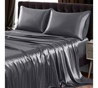SiinvdaBZX Set di 4 lenzuola in raso queen size ultra morbide lenzuola in raso grigio con tasca profonda, 1 lenzuolo con angoli, 1 lenzuolo piatto, 2 federe con chiusura a busta