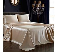 SiinvdaBZX Set di 4 pezzi lenzuola in raso misura una piazza e mezza, ultra setose e morbide, beige, lenzuola in raso con tasca profonda, 1 lenzuolo con angoli, 1 lenzuolo piano, 2 federe con chiusura