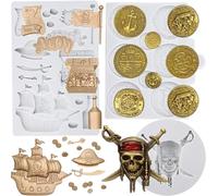 Sijiangmold Stampi in silicone pirati, scrigno del tesoro, teschio, nave pirata, per decorazione di torte, cioccolato, cupcake, topper caramelle, argilla polimerica, set da 3 pezzi