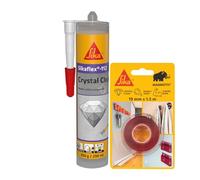 SIKA - Kit Fissaggio e Incollaggio Trasparente: 1x Sikabond Mammoth Crystal (1.5m), Nastro Biadesivo + 1x Sikaflex Crystal Clear (290ml), Sigillante Adesivo Flessibile Trasparente Multiuso