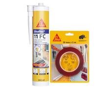 SIKA - Kit Fissaggio e Sigillatura Multiuso: 1x Sikabond Mammoth Crystal (5m), Nastro Biadesivo + 1x Sikaflex 11 FC (Bianco, 300ml), Sigillante Adesivo Poliuretanico