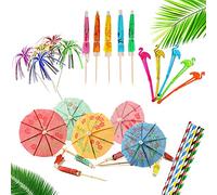 SIKAMARU 100 Pezzi Confezione di Accessori per Bevande per Cocktail Party da con Ombrelli, Fuochi D'artificio Scintillanti, Agitatori Riutilizzabili e Cannucce Biodegradabili