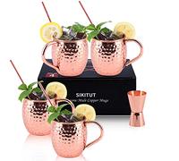 SIKITUT Bicchieri Rame Moscow Mule Set di 4, 100% Tazze Rame Lavorate a Mano, set da 550ml con BONUS: 4 Cannucce di Rame da Cocktail di Alta Qualità e 1 Jigger