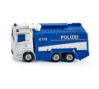Siku 1079, Camion della polizia con idrante, Blu,Bianco, Cannone ad acqua orientabile, Modellino giocattolo per bambini