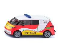 Siku 1113 VW ID. Buzz auto giocattolo ambulanza con portellone posteriore apribile e gancio di traino, carrozzeria in metallo, rosso-giallo, modello di soccorso per bambini