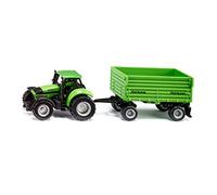 siku 1606, Trattore DEUTZ-FAHR con Rimorchio a 2 Assi Fortuna, Trattore Giocattolo, Metallo e Plastica, Verde, Cabina Rimovibile, Rimorchio Ribaltabile con Ruote in Gomma Scorrevoli, Gancio di Traino