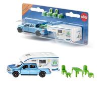 siku 1693, Camper Ford F150 Pick-Up, Metallo e Plastica, Blu e Bianco, Sedie, sgabello e tavolo, Tenda da sole estraibile
