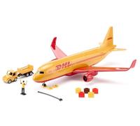 Siku 1702, Aereo da carico DHL in plastica con accessori, rosso/giallo, modello giocattolo, incluso carrello bagagli, barra di traino, pastiglie dei freni e controllore del traffico aereo