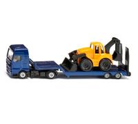 Siku 1761, Autocarro MAN con rimorchio ribassato e terna, 1:87, Metallo/Plastica, Blu/Giallo, Set giocattolo, Rimorchio ribassato sganciabile, Bracci escavatore mobili