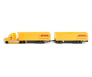 Siku 1806, Freightliner DHL Road Train, Motrice con semirimorchio e rimorchio, 1:87, Metallo/Plastica, Giallo, Semirimorchio staccabile, Portiere del rimorchio apribili