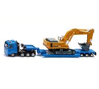 siku 1847, Autocarro con escavatore su semirimorchio a pianale ribassato, 1:87, Metallo e Plastica, Blu e Giallo, Semirimochio sganciabile