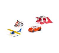 siku 6325, Set Tempo Libero, Con 1 cabriolet, 1 moto da cross, 1 idrovolante e 1 tenda, Metallo e Plastica, Multicolor