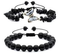 Sikweny 2 Pezzi Bracciale Pietre Naturali Ossidiana Nera Signora Braccialetto Perline Semiprezioso Cristallo Naturale Elastico Argento Farfalla Sciolto Pietra Nera Uomo Donna Minerali Gioielli Ideale